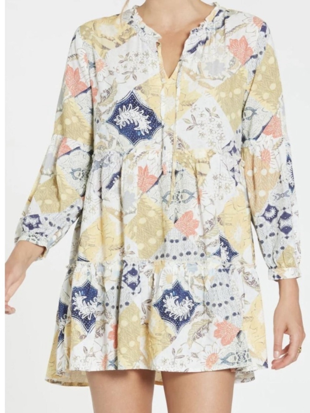 Dear John Y2K Lucy Tiered Patchwork Bandana Print Boho Long Sleeve Mini Dress